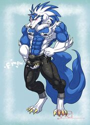 anthro big_balls blue_fur capcom clothing darkstalkers furry furry_only gallon hungothenomster jon_talbain male male_only muscular muscular_male no_humans pants solo sound_effect vampire_savior were werewolf white_fur wolf