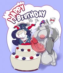 anthro balls big_balls big_breasts breasts cake canid canine canine canis clothed clothing curvaceous deimion_j_shadowwolf dickgirl duo english_text female food huge_balls huge_breasts hyper hyper_balls hyper_breasts hyper_penis intersex mammal nipples nude open_mouth penis precum purgy slightly_chubby smile standing text thick_thighs vein wolf