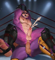 2019 abs anthro biceps canid canine canis clothed clothing duo fur hi_res humanoid_penis king_(tekken) male male_only mammal mask muscular muscular_male nipples pecs penis simple_background tekken topless video_games wball wolf yaoi