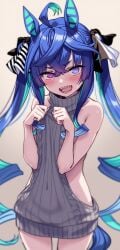 ai_generated animal_ears armpits canine_teeth different_eye_color female horse_girl looking_at_viewer multicolored_hair odd_eyes seductive_smile sweater twin_turbo_(umamusume) umamusume umamusume_pretty_derby