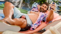 1boy 3d 3d_(artwork) 3d_artwork abs beard big_chest chest chest_hair cock_slip dick_slip drink_in_hand elmamoru erect_nipples hairy_chest joel_miller looking_at_viewer male male_only moustache open_shirt penis_slip pumped_nipples relaxing sandals shiny_cock shiny_dick shiny_penis shorts solo solo_male tagme the_last_of_us