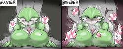 1boy 1girls ass breasts english_text enigi09 female female_focus from_behind gardevoir green_hair hip_grab large_breasts male nintendo pokemon red_eyes sex text wide_hips