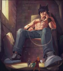 abs belt bulge chains clothed demon dominant_male footwear giant horns jeans kononiko larger_male looming low-angle_view macro male male_focus micro necklace partially_clothed pecs pointy_ears shoes smile smirk smug sneakers stepped_on throne topless topless_male underfoot
