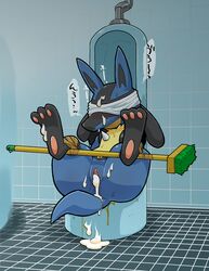 2017 anthro bathroom blindfold bondage bound broom canid canine chest_spike cum cum_in_pussy cum_inside cum_on_ground cum_on_tail female japanese_text kageyama leaking lucario mammal nintendo pokemon pokemon_(species) public_use pussy simple_background solo spread_legs spreading tape text translated urinal urine video_games