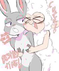 anthro bovid breast_grab breasts caprine dawn_bellwether disney duo eyewear female female/female foontanu fur glasses grey_body grey_fur hand_on_breast hi_res judy_hopps lagomorph leporid mammal neutral_expression nude rabbit sheep small_breasts text zootopia