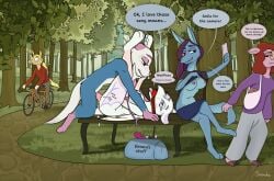absurd_res anthro anthro_on_anthro anthro_penetrated anthro_penetrating anthro_penetrating_anthro anubian_jackal ball_gag beatrice_(soovka) bench bicycle bodily_fluids canid canine canis cuff_(restraint) cum cum_in_vagina cum_inside deer english_text equid equine exposing_nipple female female_penetrated free_use from_front_position gag gagged_talk genital_fluids handcuffed handcuffs hi_res horse jackal male male/female male_penetrating male_penetrating_female mammal mating_press metal_cuffs michelle_(soovka) mustelid otter park park_bench penetration public public_nudity public_sex pussy restraints sex soovka speech_bubble tally_marks teacup_gryphon text vaginal_penetration vehicle voyeur