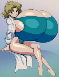 1girls angstrom asian barefoot beauty_mark big_breasts blonde_hair breast_expansion breast_implants breasts_bigger_than_head breasts_bigger_than_torso cleavage earrings expansion fake_breasts female green_eyes hand_on_breast huge_breasts hyper hyper_breasts japanese labcoat leotard looking_at_viewer neon_genesis_evangelion ritsuko_akagi shiny_skin skinny small_ass smile solo tight_clothing top_heavy white_skin