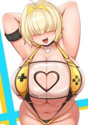 1girls absurd_res ahoge armpits arms_behind_head big_breasts blonde_hair blush breasts breasts_bigger_than_head busty choker chubby chubby_female cleavage clothed clothing clothing_cutout digital_media_(artwork) elegg_(boom_and_shock)_(nikke) elegg_(nikke) fangs female female_focus female_only glistening glistening_body goddess_of_victory:_nikke hair_intakes hair_over_eyes heart_cutout hi_res huge_breasts light-skinned_female light_skin long_bangs motion_lines open_mouth plump rabbit_ornament see-through see-through_slingshot_swimsuit see-through_swimsuit short_hair sinape_(penasi_1) slightly_chubby slingshot_swimsuit solo thick_thighs underboob voluptuous voluptuous_female wide_hips