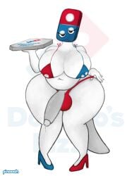 balls_in_panties balls_in_underwear bedroom_eyes belly big_breasts big_penis bikini blue_clothing blue_footwear blue_high_heels bodily_fluids box breasts circumcised clothing clothing_pull container digital_media_(artwork) domino's_pizza dripping erection eyelashes eyeshadow footwear for_a_head genital_fluids genitals glans gynomorph half-closed_eyes hi_res high_heels holding_box holding_container holding_object holding_pizza_box huge_hips huge_thighs humanoid humanoid_genitalia humanoid_penis intersex inverted_nipples knock-kneed logo logo_(species) makeup narrowed_eyes navel nipple_outline nipples object_head panties panty_pull penis penis_poking_out pincoosh pizza_box precum precum_drip red_clothing red_footwear red_high_heels seductive shoes signature solo standing string_bikini swimwear tapering_tail thick_thighs two-piece_swimsuit underwear underwear_pull white_body wide_hips