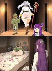 1boy1girl 2girls 2koma ai_generated ass balls balls_deep bedroom before_and_after big_ass big_butt bubble_ass bubble_butt bulge bulge_through_clothing clothed clothed_female clothing condom_wrapper deep_penetration elf elf_ears elf_female fat_ass fat_butt female female_penetrated fern_(sousou_no_frieren) frieren genitals goblin goblin_male green_hair green_skin hard_on holding holding_hands holding_object huge_ass huge_butt imminent_penetration imminent_sex indoors intersex interspecies legs_up light-skinned_female light_skin male male/female male_penetrating male_penetrating_female novelai on_bed pale-skinned_female pale_skin panties penetration rough_sex round_ass round_butt see-through see-through_clothing sex sex_on_bed smaller_male sousou_no_frieren steam taller_female testicles thick_ass thick_butt underwear undressed used_condom used_tissue vag vaginal_penetration vaginal_sex white_panties white_underwear
