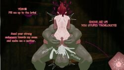 ass balls cum cum_in_pussy cum_inside curvy_body curvy_female curvy_figure female fertilization green_eyes huge_balls impregnation impregnation_request male naked naked_female oc orc orc_male ovum ponytail pubes pussy red_hair red_hair_female riding riding_penis sperm_cell thick_ass thick_thighs