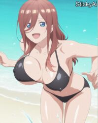 adult ai_generated anime_coloring beach brown_hair day female go-toubun_no_hanayome large_breasts long_hair mature_female messy_hair nakano_nino outdoors stickyai