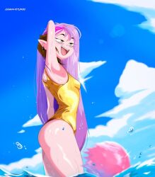 amity_blight armpits beach blue_sky blush brown_hair earrings golden_swimsuit long_hair purple_hair sanlietjobs small_breasts smile sunlight swimsuit the_owl_house two_tone_hair water