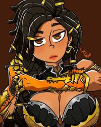 2d amber_eyes armband armor artist_signature breasts close-up dark-skinned_female dark_skin dreadlocks earrings gauntlets huge_breasts imani_(paladins) jewelry large_breasts lm-skye paladins raised_eyebrow tired tired_eyes video_games wet wet_hair