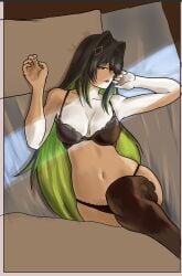 bed bedroom bedroom_eyes big_breasts black_hair black_lace black_lace_panties cela_van_riddian green_hair laying_on_back laying_on_bed legs_up lingerie looking_at_viewer ndahbear seductive_look stockings stockings_thigh_highs vtuber vtuberfanart vtubers