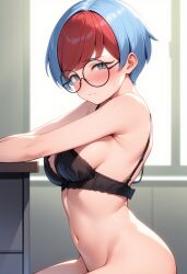 ai_generated bottomless classroom embarrassed embarrassed_nude_female exhibitionism indoors lingerie lingerie_bra nintendo penny_(pokemon) pokemon school schoolgirl sitting video_games