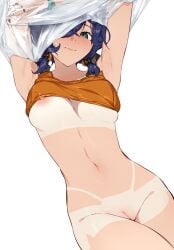 1girls areolae armpits belle_(summer_skies)_(zenless_zone_zero) belle_(zenless_zone_zero) belly big_breasts black_nails blue_hair bra bra_lift bracelet breasts censored dutch_angle exposed_armpits female female_only hair_over_one_eye hairless_pussy hands_up hips light-skinned_female light_skin looking_at_viewer mosaic_censoring nail_polish nashidrop navel nipple_slip nipples no_panties official_alternate_costume pointless_censoring pussy removing_clothing removing_shirt san_p.dro shaved_pussy shirt_up short_hair short_twintails smile solo stomach tan-skinned_female tan_body tan_skin tanline tanlines tanned tanned_skin topwear topwear_lift turquoise_eyes vagina waist white_background zenless_zone_zero