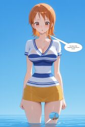 ai_generated breasts cleavage female giantess gts gtsrak huge_breasts legs nami_(one_piece) one_piece partially_submerged pre-timeskip thighs white_shirt yellow_skirt