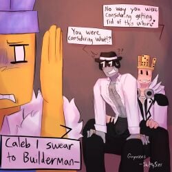 caleb244 chance_(forsaken) clothed clothes clothing color colored colour coloured disgust disgusted drawing dress_shirt english_text forsaken_(roblox) grey_body hairy_chest hat itrapped itrapped_(forsaken) open_shirt roblox robloxian self_upload sitting sitting_on_lap sitting_on_person sunglasses text yellow_body