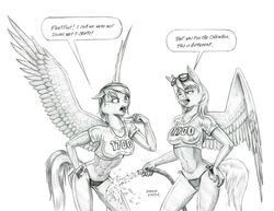 anthro baron_engel breasts clothing cutie_mark duo equine female fleetfoot_(mlp) friendship_is_magic mammal monochrome my_little_pony nipples pegasus shirt spitfire_(mlp) translucent wet wet_shirt wings wonderbolts_(mlp)