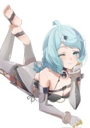 blue_hair breasts feet female first_porn_of_character gaohuang43450 petite seed_(zenless_zone_zero) small_breasts smile soles stirrup_legwear wink winking_at_viewer zenless_zone_zero