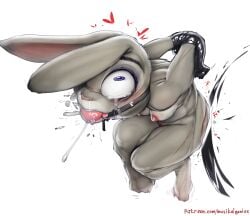 2025 anthro areola arms_tied ball_gag bodily_fluids bondage bound breasts disney female fur gag gagged grey_body grey_fur heart_symbol hi_res judy_hopps lagomorph leporid mammal musikalgenius nipples nude purple_eyes rabbit simple_background solo tears tears_of_pleasure whip whip_mark whipping white_background zootopia