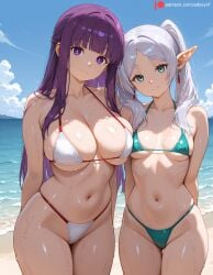 2girls ai_generated arms_behind_back bangs bare_shoulders beach belly belly_button bikini blue_bikini blue_sky breast_press breast_size_difference breasts clear_sky cleavage closed_mouth collarbone cowboy_shot day earrings edosynf elf elf_ears female fern_(sousou_no_frieren) frieren frieren_beyond_journey's_end green_bikini green_eyes highres huge_breasts large_breasts legs_together light_smile long_hair looking_at_viewer micro_bikini midriff multiple_girls navel ocean pointy_ears purple_eyes purple_hair sea self_upload shiny shiny_hair shiny_skin short_eyebrows side-by-side sideboob silver_hair size_difference skindentation sky small_breasts smile sousou_no_frieren standing sunlight swimsuit thick_thighs thighs twintails water wet wet_body wet_hair white_bikini white_hair yuri