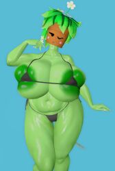 3d 3d_(artwork) artist_request big_breasts bikini bikini_top blaster_master blaster_master_zero_2 breast_expansion breast_squish huge_breasts kanna_(blaster_master) large_breasts massive_breasts plant plantigrade skindentation watering_can
