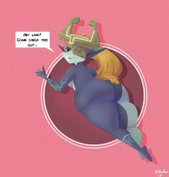 1girls ass ass_bigger_than_head ass_bigger_than_torso big_ass bottom_heavy breasts chubby dialogue female floating from_behind helmet hips_wider_than_shoulders humanoid imp imp_midna looking_at_viewer medium_breasts midna muffin_top multicolored_body no_clothes oerba_yun_fang orange_hair pear-shaped_figure pear_shaped plump pointy_ears red_eyes shortstack smile solo the_legend_of_zelda the_legend_of_zelda:_twilight_princess thick_thighs wide_hips yellow_sclera yet-another-a