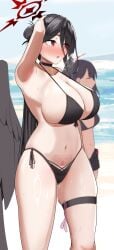 2girls arm_up beach bikini black_bikini black_choker black_hair blue_archive blush breasts breath choker cleavage condom cum cumdrip day halo hasumi_(blue_archive) hasumi_(swimsuit)_(blue_archive) highres huge_breasts ichika_(blue_archive) ichika_(swimsuit)_(blue_archive) implied_after_fellatio implied_after_sex multiple_girls navel ocean outdoors oversized_wings pitapita_pi red_eyes red_halo solo_focus stomach swimsuit used_condom wings