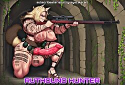 ai_assisted ai_generated aiming barcode_tattoo blonde_hair canine_genitalia canine_humanoid canine_penis dog_ears dog_girl dog_humanoid dog_tail fantasy female futa_only futanari grenade greyscaler holding_weapon intersex penis platform_footwear platform_sandals pouches rifle sandals solo solo_futa world_of_lust:_the_spire