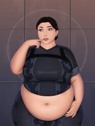 1girls ashley_williams bbw chubby chubby_female female female_only huge_belly huge_breasts huge_hips human kekspflaumchen large_breasts mass_effect overweight overweight_female solo solo_female standing weight_gain wide_hips