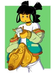 balls big_balls big_penis black_hair blush blushing clothed clothed_female female fully_clothed futa_only futanari green_hair_streak hand_on_penis holding_object holding_penis holding_phone huge_balls huge_cock intersex jacket jingles_(artist) lego lego_monkie_kid lifted_shirt looking_down looking_down_at_object masturbation mei_(monkie_kid) pants pants_down penis phone saggy_balls simple_background sweat sweating sweaty sweaty_balls t-shirt vein veiny_penis yellow_body yellow_skin