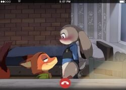 anthro bed biped black_nose bodily_fluids bottomless brown_body brown_fur canid canine closed_smile clothed clothing dagasi detailed_background disney duo ears_down female fox fur furniture genital_fluids grey_tail hi_res judy_hopps lagomorph leporid male mammal mouth_closed multicolored_body multicolored_fur nick_wilde orange_body orange_fur pivoted_ears purple_eyes rabbit short_tail side_view smile tail vaginal_fluids zootopia