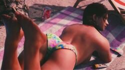 1girls 3d ass beach bikini_bottom blender brown_eyes brown_hair feet forsavide freckles julia_chang looking_at_viewer namco sideboob tekken tekken_7 topless