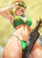 1girls armpits big_breasts bikini bikini_bottom bikini_top blonde_hair blue_eyes bottomwear breasts capcom cleavage ear_piercing earrings female female_only freckles freckles_on_face gemma_(monster_hunter_wilds) gloves goggles goggles_on_head green_bikini hair handwear headwear holding_weapon hoop_earrings i_b_(yaun2242) monster_hunter monster_hunter_wilds solo solo_female sweat sweatdrop swimwear sword thighs topwear weapon yellow_gloves