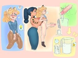 1boy1girl big_penis black_hair blue_eyes blue_pants blue_shirt breasts brown_pants brown_skin brown_skinned_female cat_boy cat_ears cat_tail catboy clothing cum cum_drip cumshot ejaculation erection excited female light-skinned_male male naked_male notwawita oc penis small_but_hung smaller_male sports_bra yellow_hair