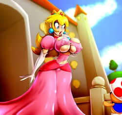 1boy 1girls big_breasts blonde_hair blue_eyes breast_expansion breasts bursting_breasts castle cicada crown dress earrings elbow_gloves erect_nipples erect_nipples_under_clothes female female_focus gloves large_breasts larger_female male mario_(series) nintendo nipple_bulge outdoors princess princess_peach super_mario_64 tight_clothing toad_(mario) torn_clothes video_games wardrobe_malfunction