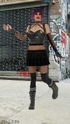 3d boots choker clothing dbd dead_by_daylight fishnets gloves long_socks looking_at_viewer makeup nea_karlsson necklace pink_hair posing ripped_fishnets skirt top zuga69