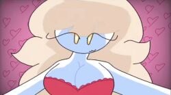 blonde_hair five_nights_in_anime flumpty_bumpty fnia genderswap heart-shaped_pupils heart_background hug onaf onaf_sexualized one_night_at_flumpty's pov red_bra rule_63 smile yellow_eyes