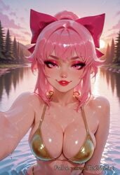 2025 ai_generated anime bangs bare_shoulders bikini bow brawl_stars breasts cleavage collarbone crossover female female female_focus hairbow highres lips lipstick looking_at_viewer makeup medium_breasts melodie_(brawl_stars) nsfw outdoors parted_lips partially_submerged pink_eyes pink_hair ponytail reaching_towards_viewer red_bow red_lips rognezart selfie shiny shiny_clothes shiny_skin sky smile solo sunset swimsuit tree upper_body water wet yellow_bikini
