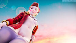 3d alternate_costume blender bracelet breasts brown_hair cruiser_d.va d.va earrings effectsmaster231 from_below looking_away nipples no_bra no_panties orange_eyes outside overwatch pants pants_down pants_pull pussy sky small_breasts whisker_markings worm's-eye_view