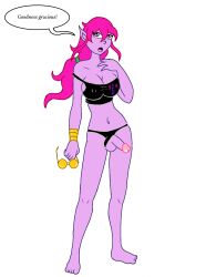 1futa artist_upload bra_strap_slip bracelet bracelets breasts crop_top dickgirl english_text erection erection_in_panties erection_through_clothing futa_only futanari intersex nipples nipples_visible_through_clothing panties penis pink_body pink_hair pink_skin supersexelf text text_bubble