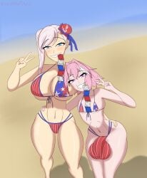 1boy 1boy1girl 1girls 4th_of_july astolfo_(fate) bikini blue_eyes bulge bulge_through_clothing condom condom_in_mouth condom_packet_strip condom_wrapper fate/grand_order fate_(series) female huge_ass huge_balls huge_breasts huge_cock kawaiiredpandas miyamoto_musashi_(fate) miyamoto_musashi_(swimsuit_berserker) otoko_no_ko otokonoko peace_sign pink_eyes pink_hair silver_hair smug smug_face taller_girl thick_ass thick_thighs trap
