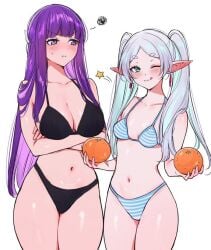 2girls ;3 black_bra black_panties breasts closed_mouth collarbone cowboy_shot crossed_arms earrings elf female female_only fern_(sousou_no_frieren) food frieren fruit green_eyes highres holding holding_food holding_fruit jewelry large_breasts long_hair looking_at_another looking_at_viewer multiple_girls navel one_eye_closed orange_(fruit) pointy_ears purple_eyes purple_hair qiandaiyiyu revealing_clothes simple_background small_breasts smile sousou_no_frieren stomach striped_bra striped_panties thick_eyebrows tongue tongue_out twintails underwear underwear_only white_background white_hair