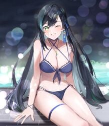 alluring bikini black_hair blue_bikini braid breasts brick_floor curvaceous curvaceous_figure female green_pupils hair_ribbon hanasawahsu large_breasts leg_band lin_(tower_of_fantasy) long_legs multicolored_hair necklace side_braid sitting sitting_on_floor smiling swimsuit teal_hair thick_thighs tower_of_fantasy wink winking_at_viewer