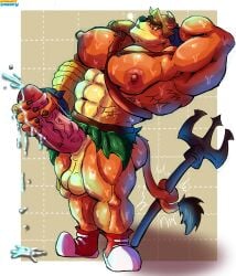 2025 abs absurd_res activision anthro armor balls belt big_nipples big_penis bodily_fluids bottomwear bracelet claws clothing crash_(series) cum cumshot dasyuromorph ejaculation eyebrows footwear foreskin fur genital_fluids genitals hand_behind_head headgear helmet hi_res humanoid_genitalia humanoid_penis jewelry loincloth male mammal marsupial masturbation muscular muscular_anthro muscular_male nipples orange_body orange_fur pecs penis pitchfork recently_extinct_species santiagomt shoes smile solo spiked_bracelet spikes standing tail tail_tuft tan_body tan_fur thick_eyebrows thylacine tiny_tiger tools tuft weapon