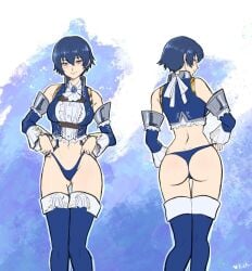 1girls ass atlus bikini bikini_armor blue_hair female kukimoonie persona persona_4 shirogane_naoto short_hair smile solo tomboy