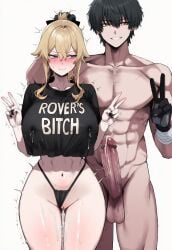 after_sex ai_generated blush dripping_cum genshin_impact huge_cock jean_gunnhildr male_rover_(wuthering_waves) naked_male peace_sign pulling_hair rover_(wuthering_waves) thong tshirt wuthering_waves