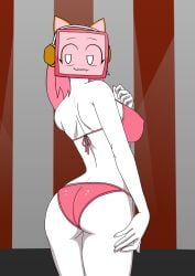 1girls ass bikini bikini_bottom bikini_top blush bra breasts cartoonish cartoonish_(incredibox_mod) cute_fang female female_only headphones highres incredibox_mod looking_at_viewer nipple_bulge pillow_shading pink_hair solo traced tv tv_head tvgaming underwear